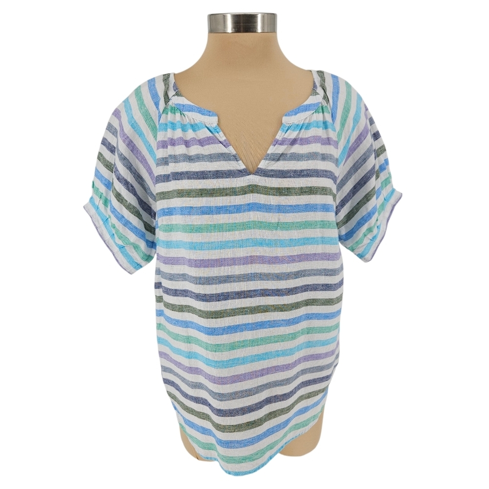 Talbots Popover Shirt Linen White Rockport Stripe Short Sleeve V Neck Top Medium